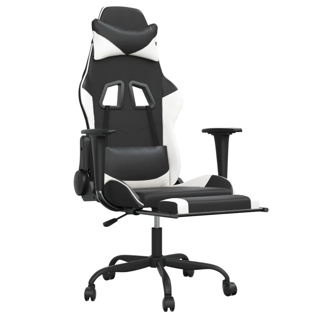 Sedia Gaming | Sedia da e-sports Massaggiante Poggiapiedi Nero e Bianco Similpelle