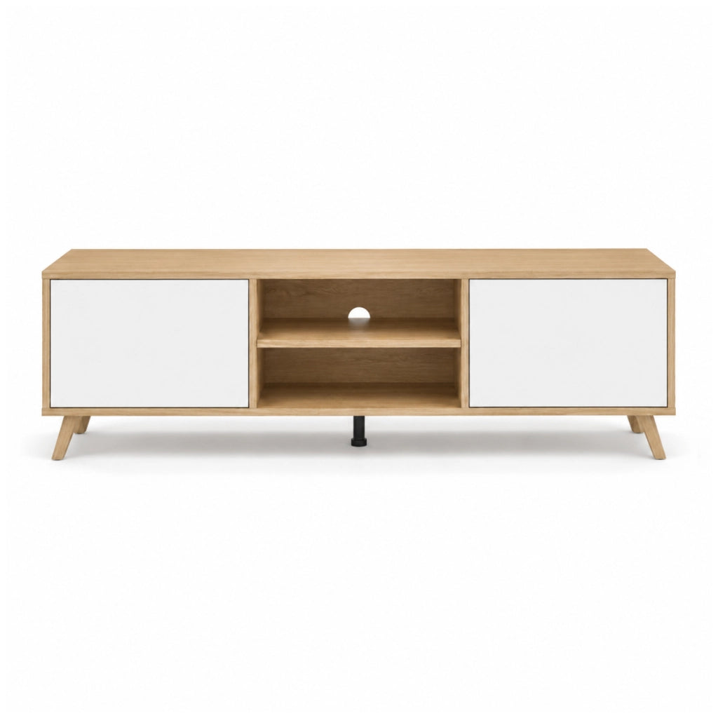 Mobile Porta TV Scandinavo Con 2 Ante Battenti Ripiani Centrali Aperti Gambe Moderne Per Televisori Fino A 75 Pollici Zona Living 180 X 39,6 X 49 Cm Bianco E Rovere