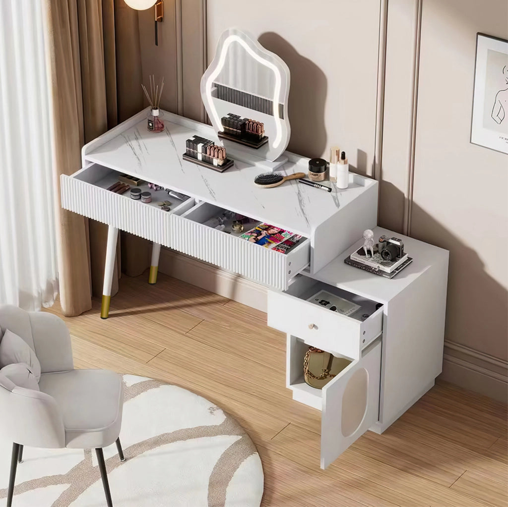 Toeletta ULEVR 100x40x75 cm con specchio LED touch a 3 livelli, 2 cassetti e mobile laterale, bianca