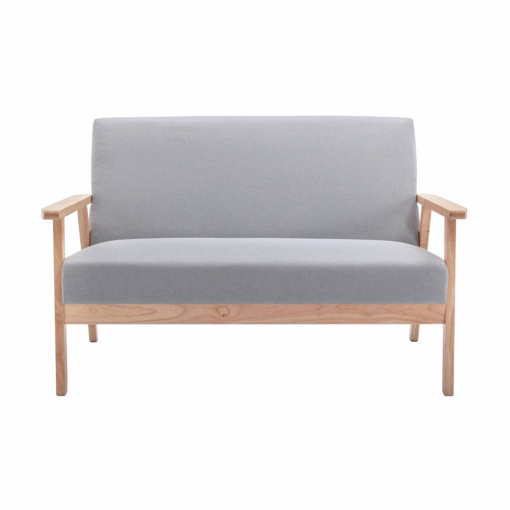 Set panca e poltrona in legno e tessuto, 3 posti, grigio chiaro