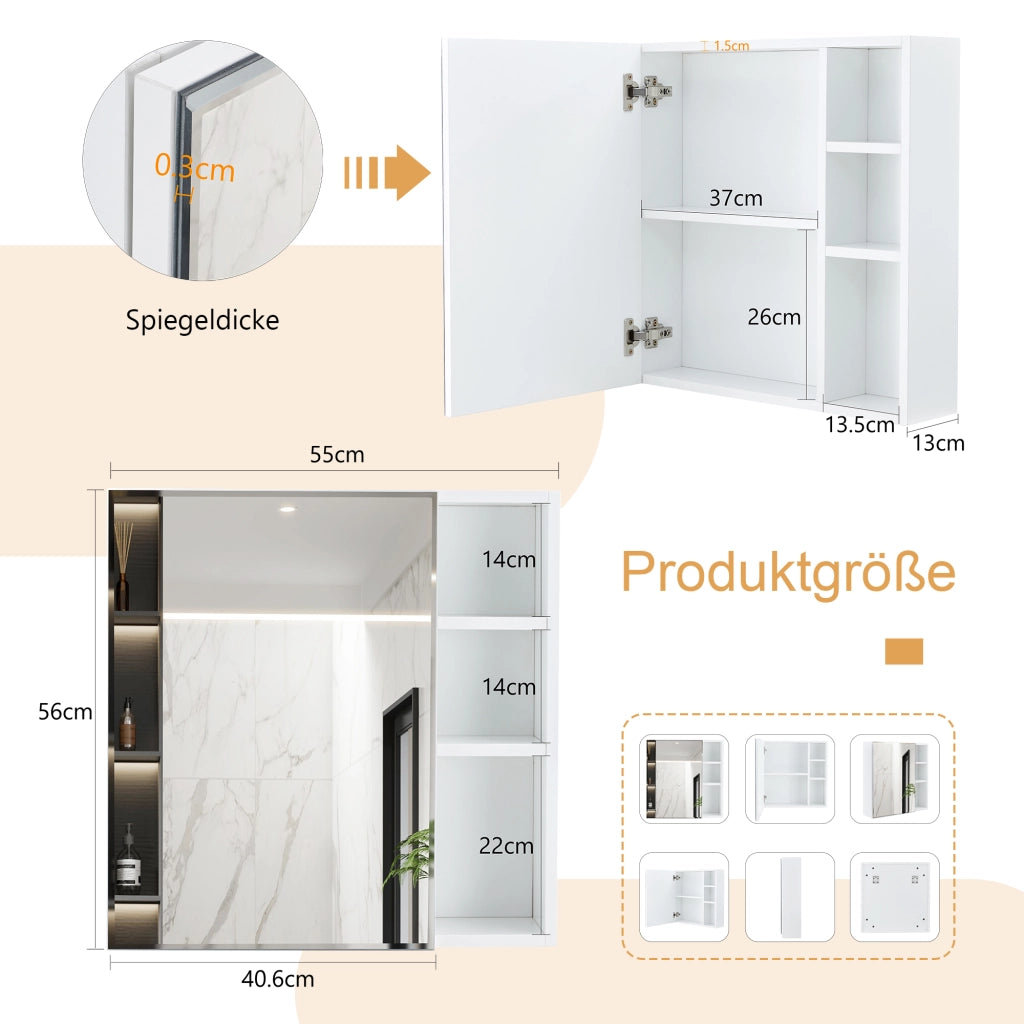 Armadietto a specchio da bagno con ripiani interni, porta specchio di sicurezza, per bagno e trucco, bianco, 55 × 56 cm