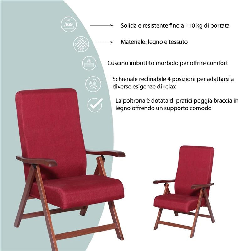 POLTRONA MIAMI NOCE ROSSO IN FAGGIO CON IMBOTTITURA POGGIATA SU CINGHIE SCHIENALE REGOLABILE IN QUATTRO POSIZIONI