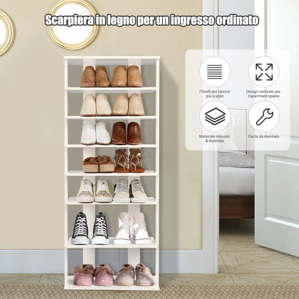 Scarpiera Verticale a 7 Livelli, Organizer per Scarpe in Stile Retrò, con Pannello Rimovibile, Scaffale per Scarpe per Corridoio Ingresso Armadio, 45x25x110 cm (Bianco)