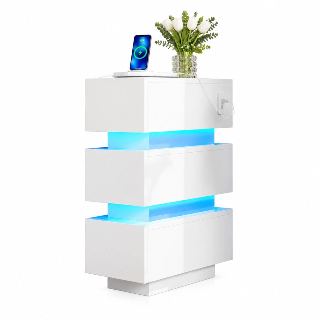 COMODINO con LED e USB/Type-C 20x40x59,5 cm Bianco, Set da 2 pezzi