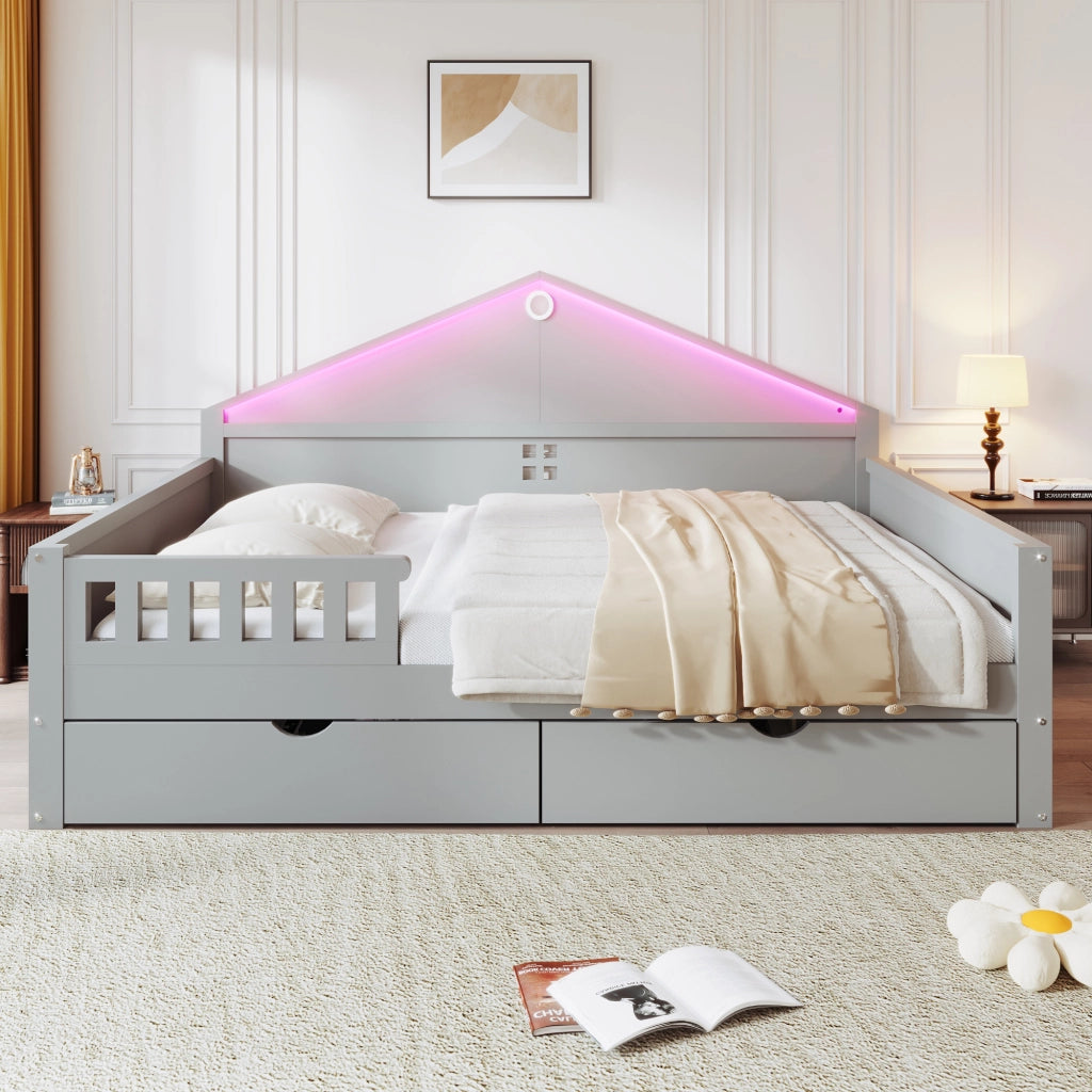 DESMIU Letto singolo 140 × 200 cm con LED, 2 cassetti, senza materasso, in legno massiccio e MDF, grigio