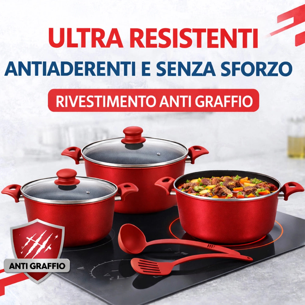 Set 3 Casseruole Milena Rosso con Coperchi e Mestoli Piano Cottura Universale