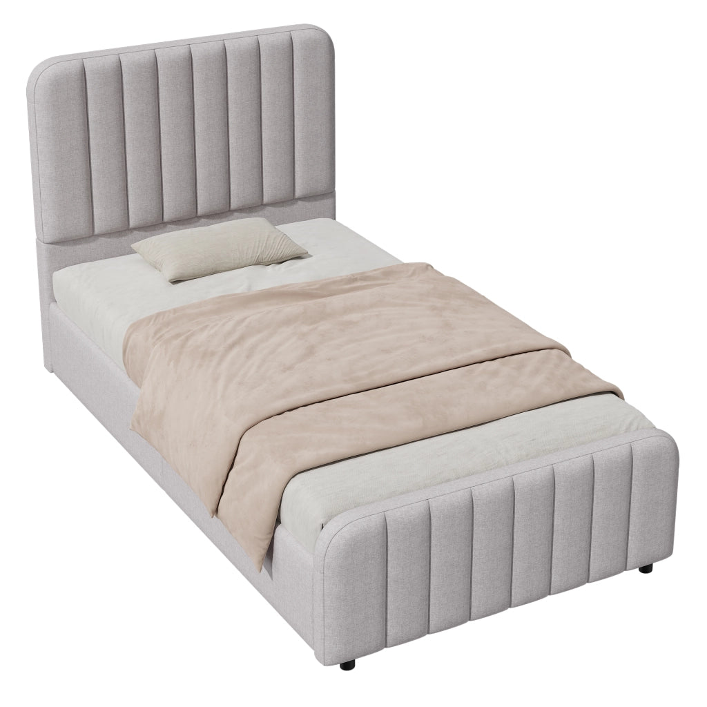 Letto per Bambini 90x200 cm; Contenitore idraulico; Testiera in Lino Grigio