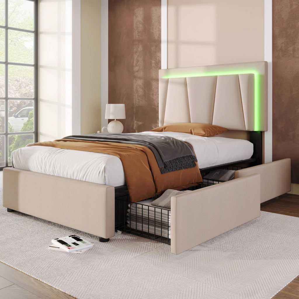 LETTO imbottito 90x200 cm Beige con testiera regolabile, LED e 2 cassetti