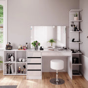 Tavolino da toilette Sherry, Bianco, 5 pezzi, con ripiano portaoggetti, ripiano in piedi, specchio, sgabello, LED, adatto per l’uso quotidiano con telaio stabile