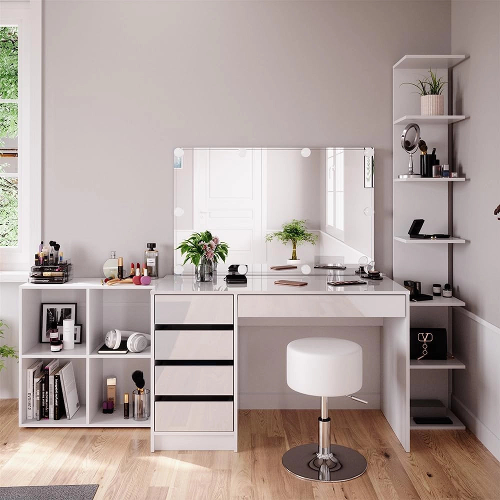 Tavolino da toilette Sherry, Bianco, 5 pezzi, con ripiano portaoggetti, ripiano in piedi, specchio, sgabello, LED, adatto per l’uso quotidiano con telaio stabile