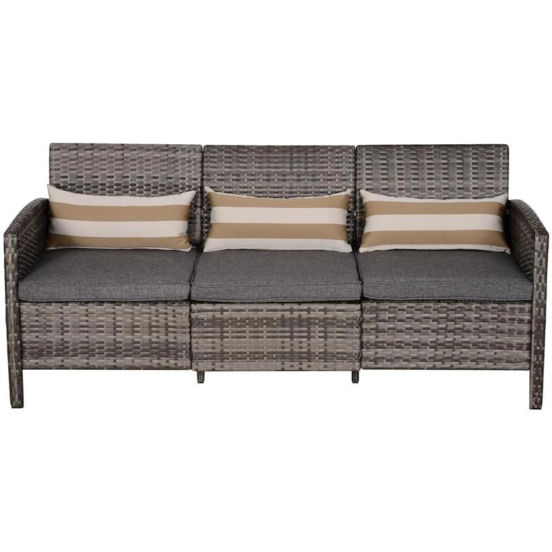 DIVANO 3 POSTI DA ESTERNI IN PE RATTAN CON CUSCINI A RIGHE GRIGIO 173X68X78CM