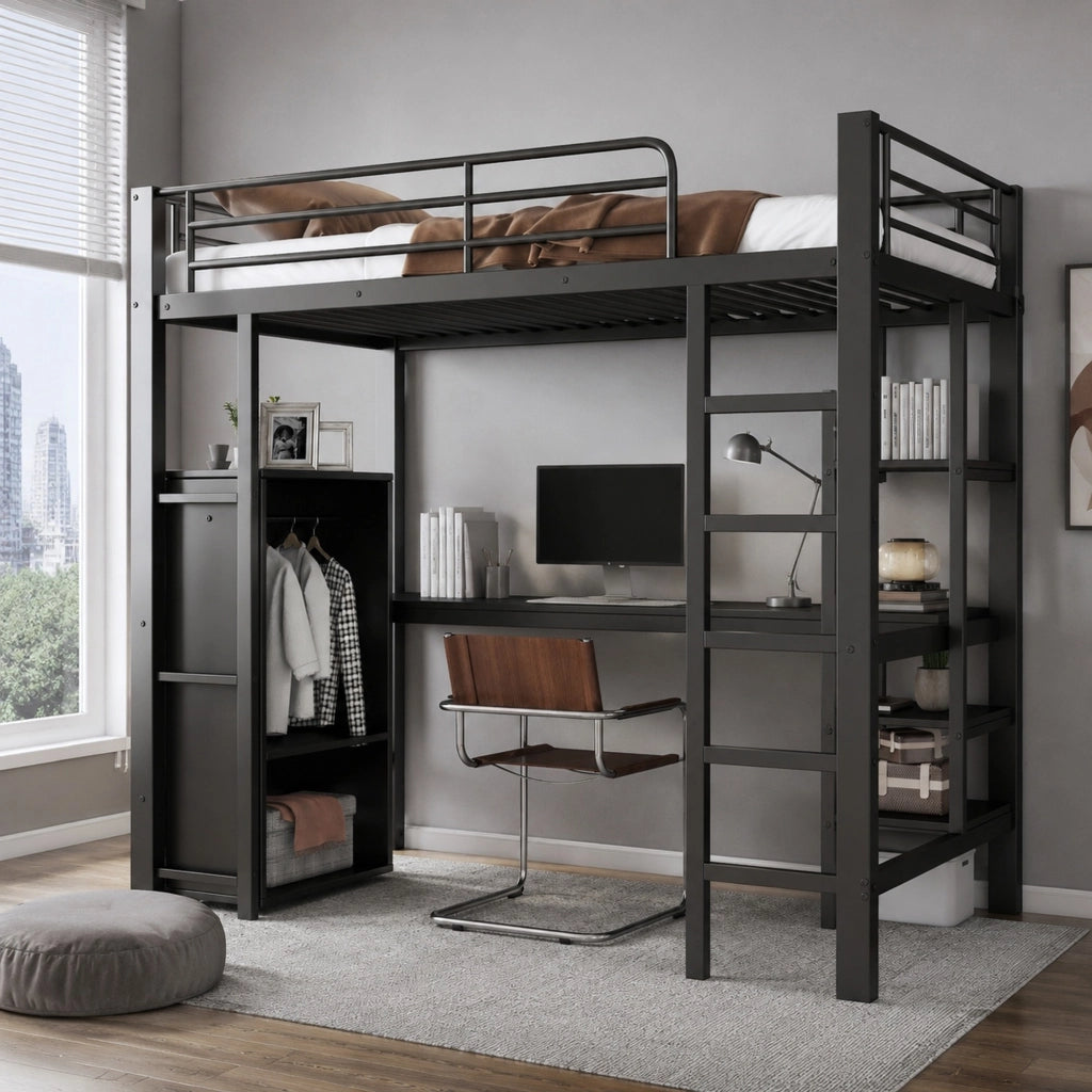 Letto a soppalco 90 × 200 cm con scrivania armadio e scaffali integrati in metallo e MDF nero scala a 5 gradini