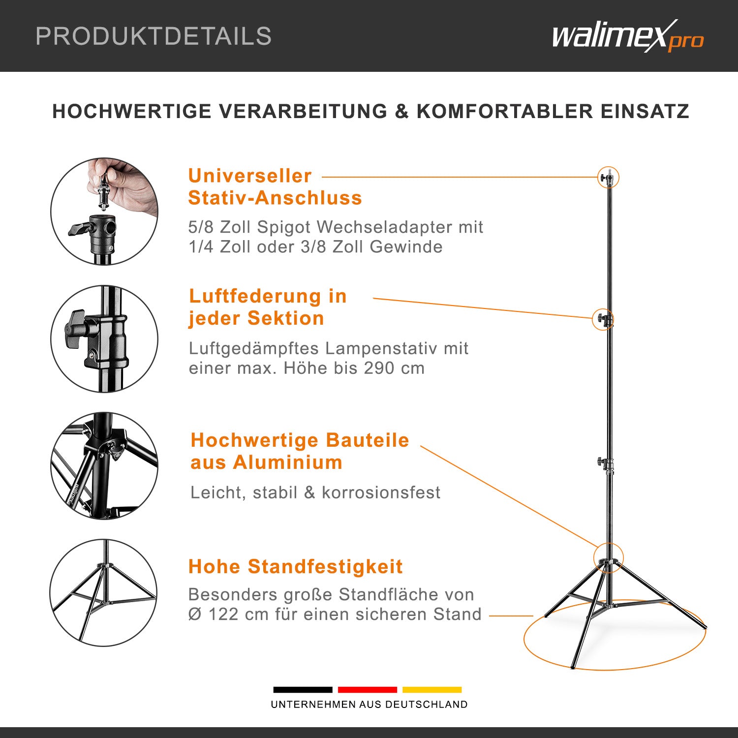 AIR 290 Deluxe Stativo per luci, altezza max 290 cm, cavalletto fotografico per flash con capacità di carico di 7 kg, treppiede per studi fotografici e outdoor