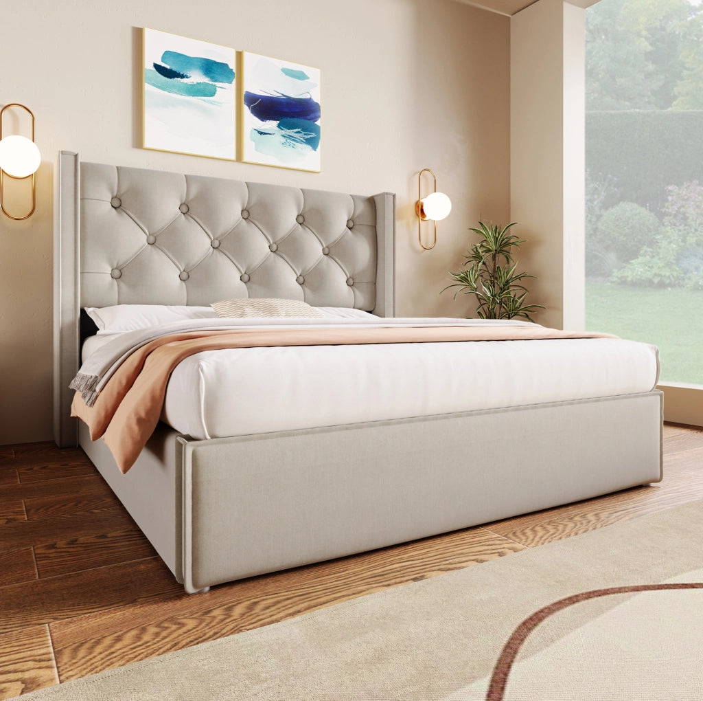 Letto imbottito 160x200 cm con contenitore sollevabile, grigio chiaro