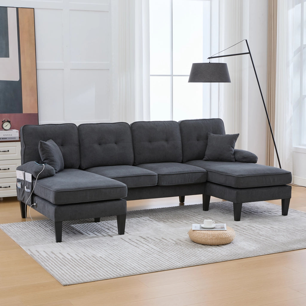 Divano a U a 4 posti in tessuto di lino con tasche laterali, porte USB tipo C e due chaise longue, grigio scuro