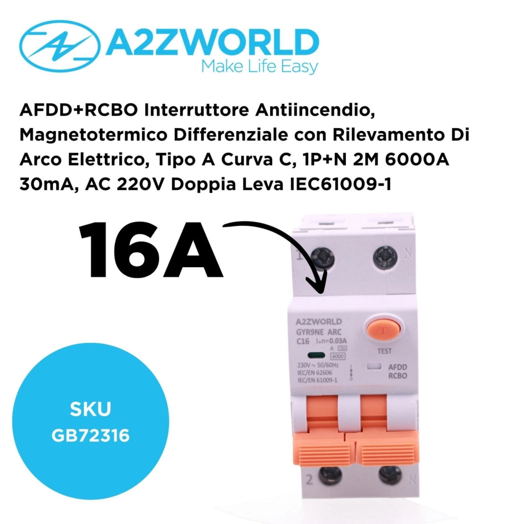 AFDD+RCBO Interruttore Antiincendio, Magnetotermico Differenziale con Rilevamento Di Arco Elettrico, Tipo A Curva C, 1P+N 2M 6000A 30mA, AC 220V Doppia Leva,GYR9NE-ARC,10A 16A 20A 25A 32A 40A (C16A)