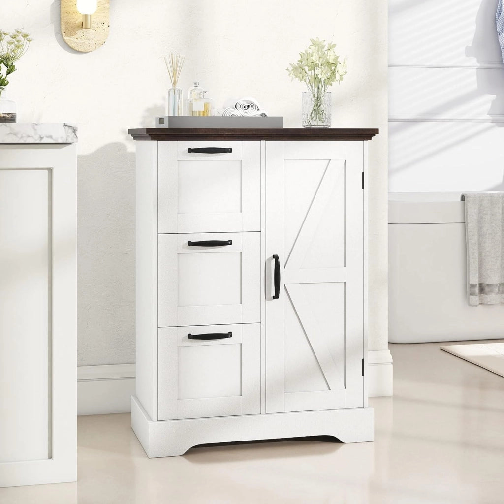 Mobiletto da Pavimento in Legno, Organizzatore per Conservazione Rustico con Porta da Fienile e 3 Cassetti, Buffet Laterale Autonomo per Cucina, Soggiorno, Sala da Pranzo (Bianco)