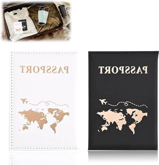 Set di etichette passaporto e bagaglio - 2 pezzi - disegno dorato - nero e bianco