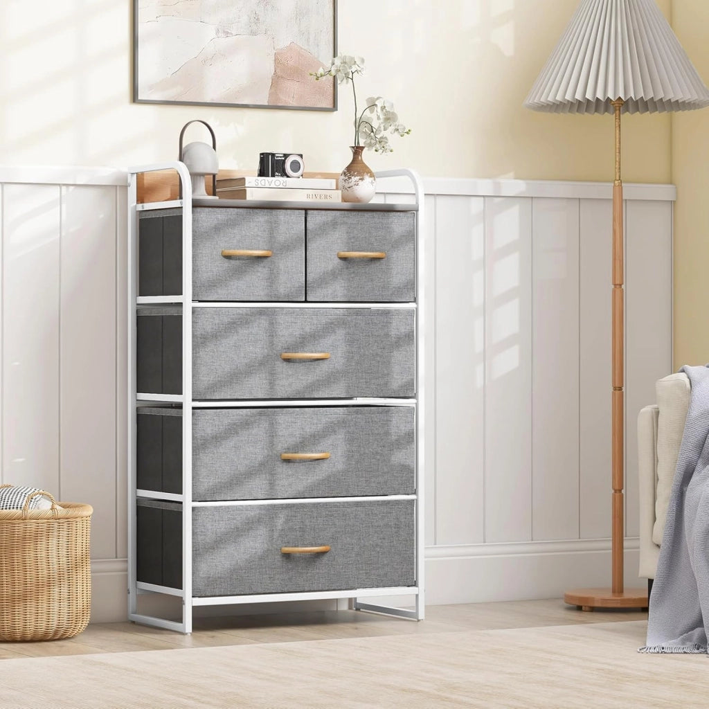 Cassettiera con cassetti in tessuto, credenze, struttura in acciaio e pannello in legno, armadietto per camera da letto (grigio, 5 cassetti)