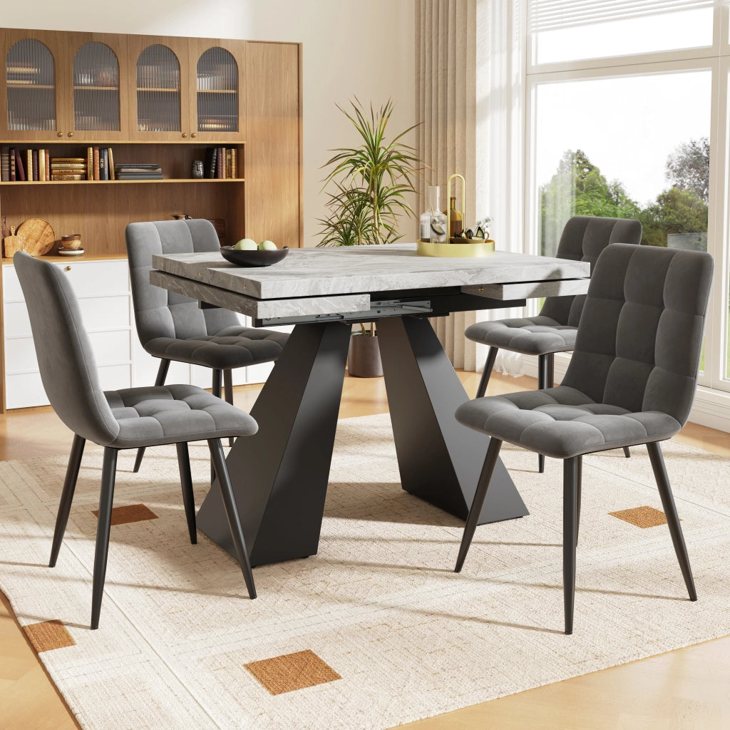 Tavolo da pranzo allungabile con 4 sedie, piano effetto marmo, in MDF e metallo, nero e grigio, 99-159 × 74 × 77 cm