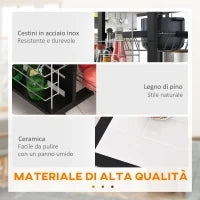 Carrello da Cucina con Cassetto, 4 Cesti di Frutta Estraibili e Piano in Ceramica, Carrello Cucina Salvaspazio con 4 Ripiani Laterali in Legno di Pino e Metallo, 57x37x83 cm, Nero