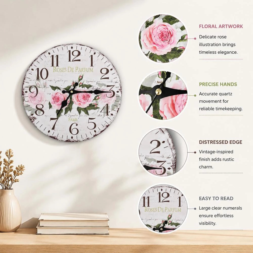 Vintage Wall Clock With Flowers, 30 Cm