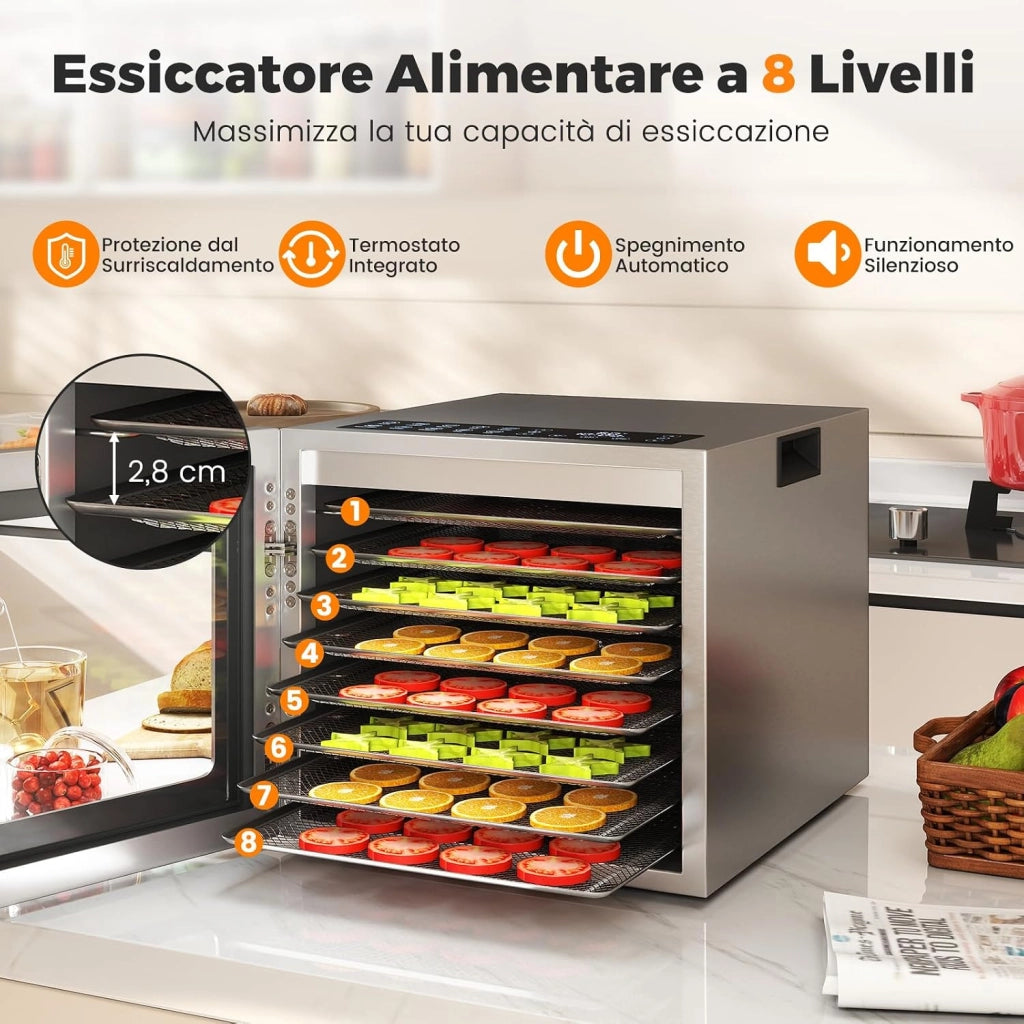 Essiccatore Alimentare con 8 Vassoi in Acciaio Inox, 850W Disidratatore Alimentare on Timer 48 Ore, Controllo Temperatura 35℃-75℃, per Frutta, Verdura e Carne