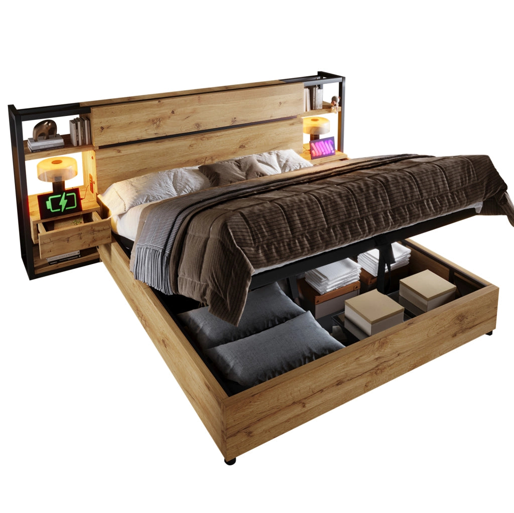 Letto matrimoniale contenitore in stile industriale con ricarica USB e Type-C