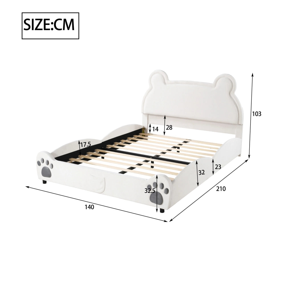 Letto bambini a forma di orso imbottito 140x200 cm in velluto bianco