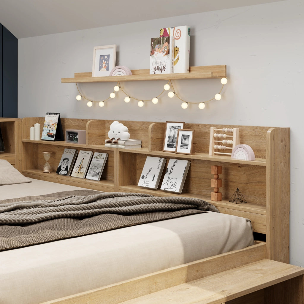 Letto Singolo 140x200 cm con Cassetti; Mensole e Contenitori - in Multistrato - Naturale