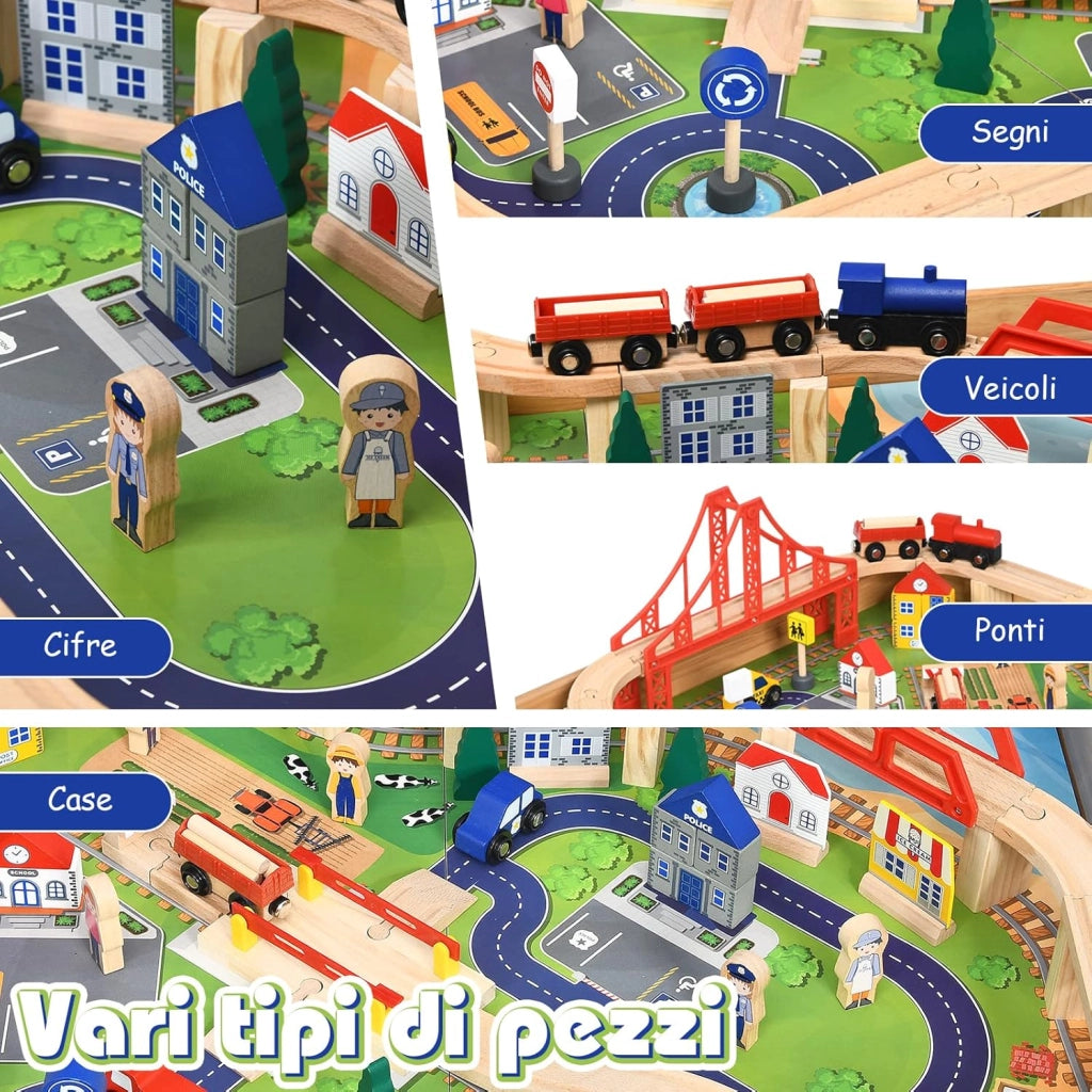 Set Tavolo di Legno con Binari Ferroviari per Bambini, Tavolo Attività e Cassetto con Ruote Bloccabili, con 100 Pezzi Multicolore, Struttura Resistente, Regalo per Bambini +3 anni