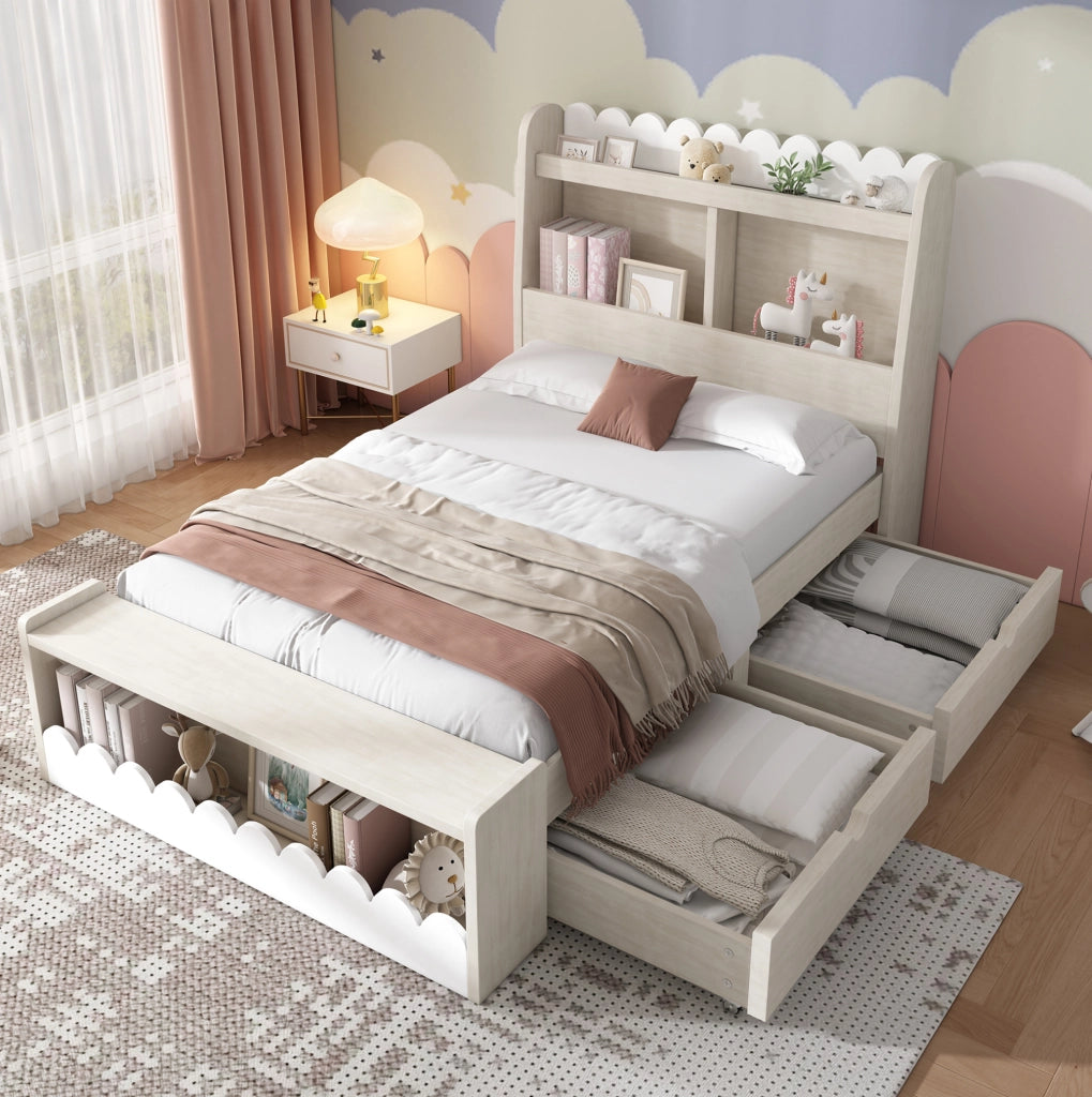Letto singolo 90x200 cm con 2 cassetti; ripiani integrati e struttura in legno bianco effetto quercia