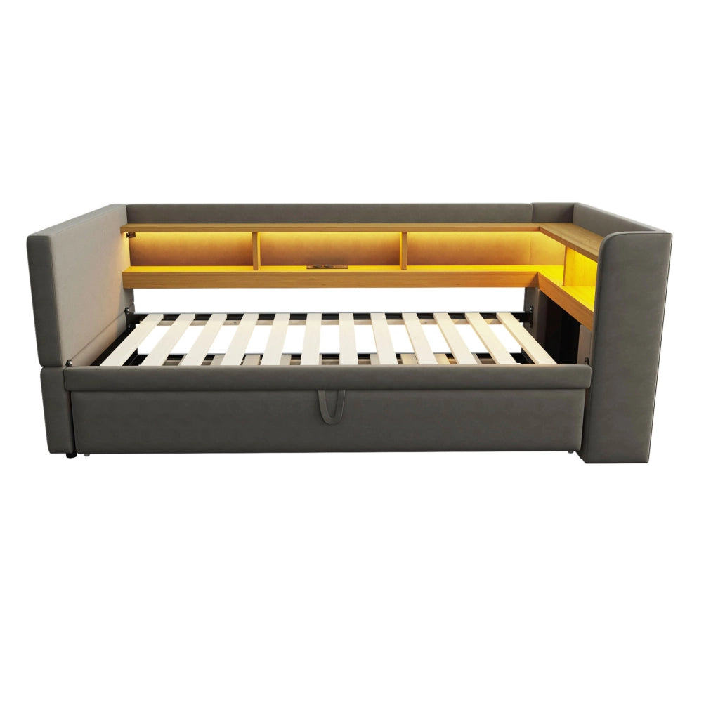 Divano letto imbottito estensibile 90/180x190 cm in flanella grigio scuro con LED e prese