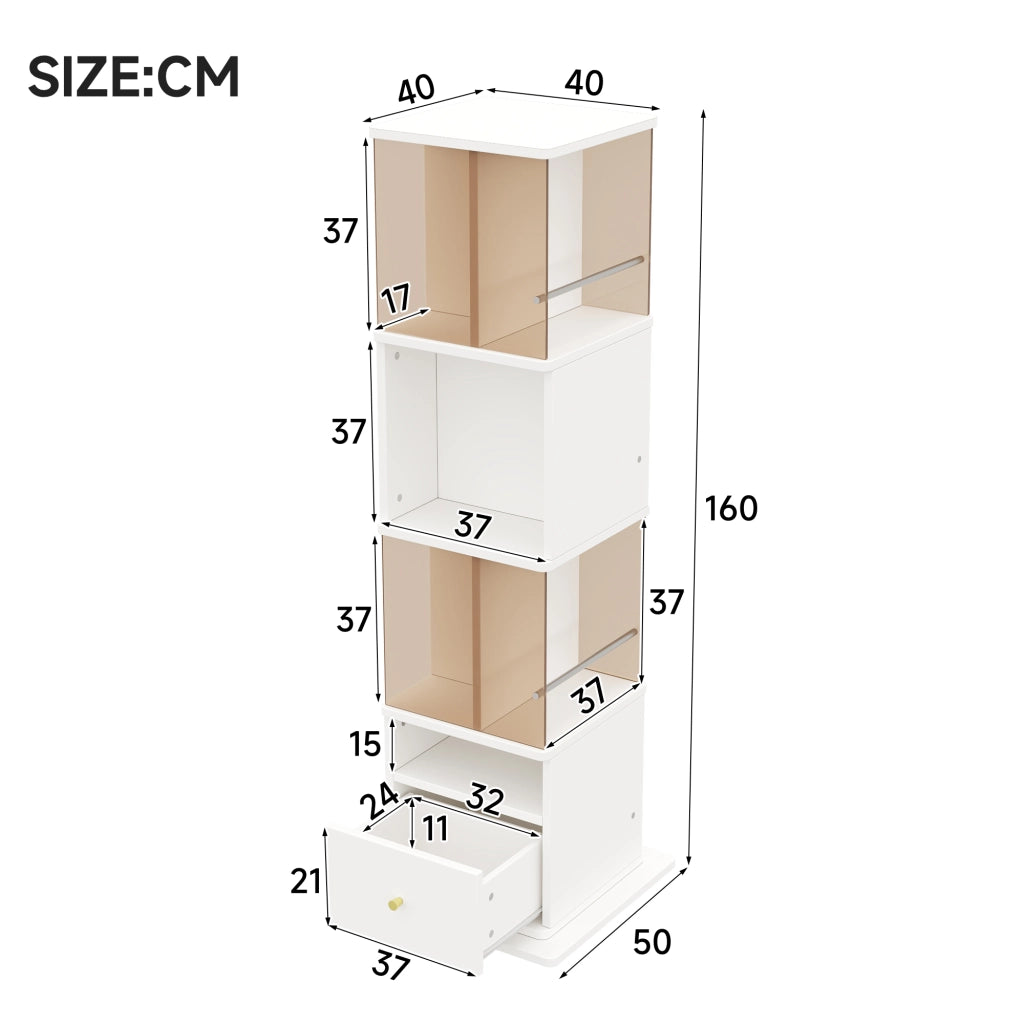 Vetrina girevole con led, 1 cassetto e vani aperti, per soggiorno e studio, in MDF e vetro, bianco e marrone, 50 × 50 × 160 cm