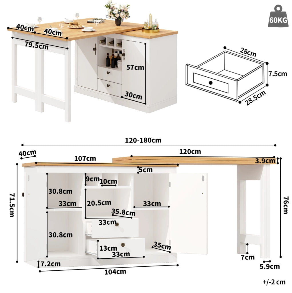 Tavolo bar estensibile con contenitore 120-180 cm bianco