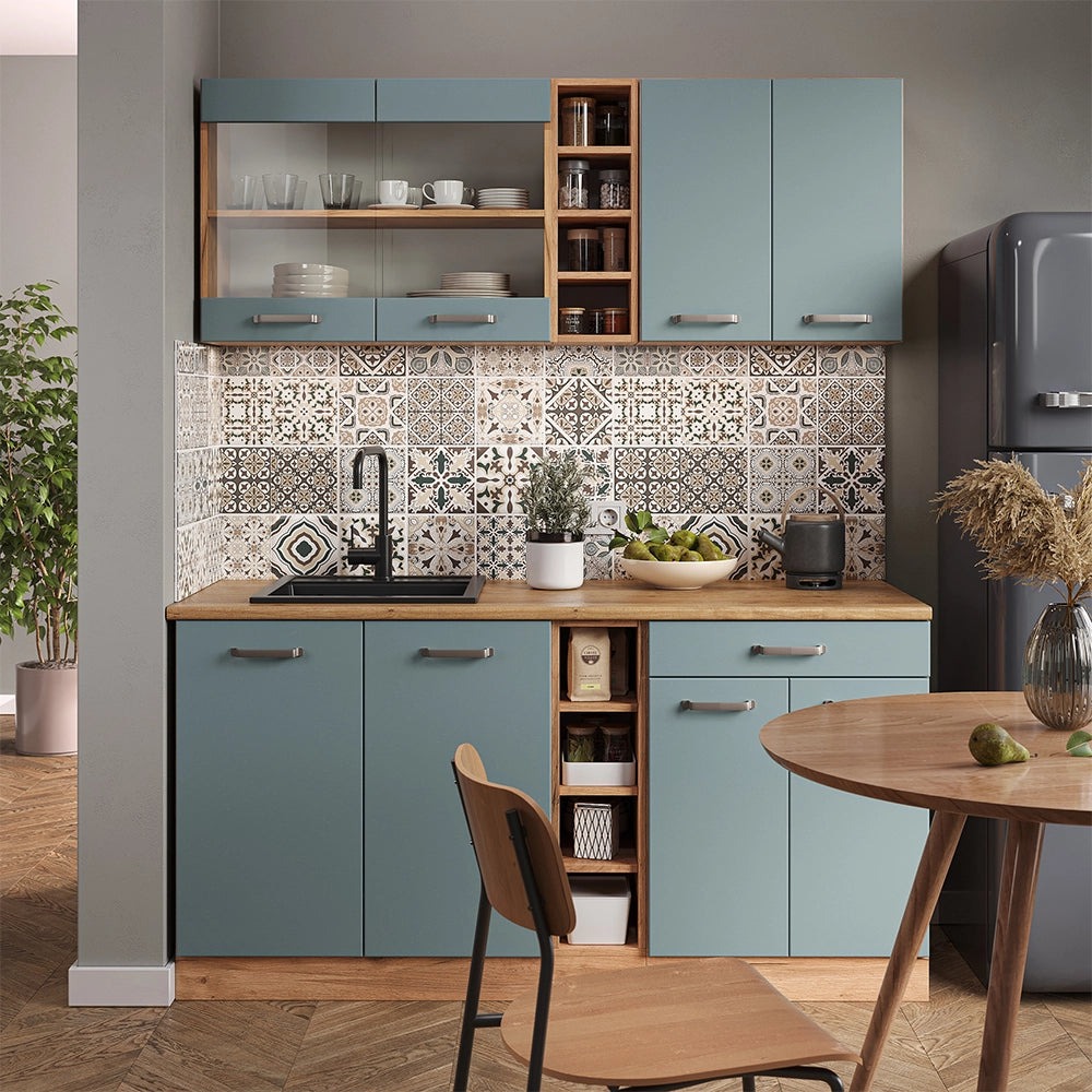 Vicco Cucina monoblocco Rovere blu-grigio/oro 160 cm Senza piano di lavoro