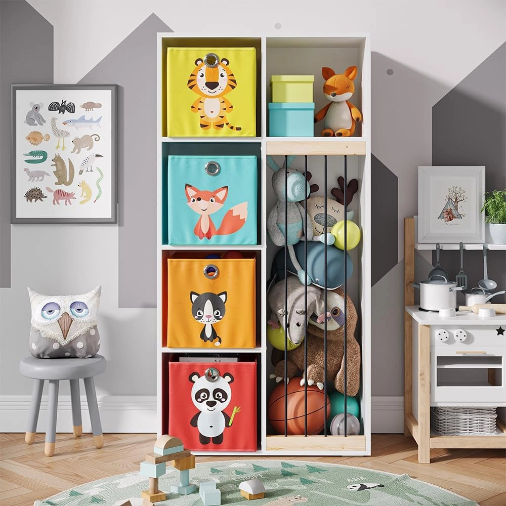 Libreria bambini Marvin, Bianco, 72 x 143 cm con 4 scatole pieghevoli opt.1, adatto per riporre giocattoli e libri