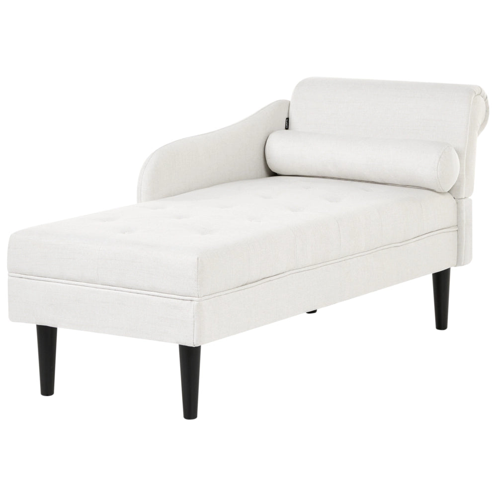 Chaise longue destra in tessuto bianco sporco imbottita con cuscino facile da pulire, gambe in legno, soggiorno moderno