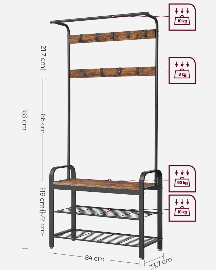 Appendiabiti da ingresso con ganci estraibili panca e scarpiera lungo 84 cm struttura in metallo in stile industriale marrone rustico e nero 12_0007141