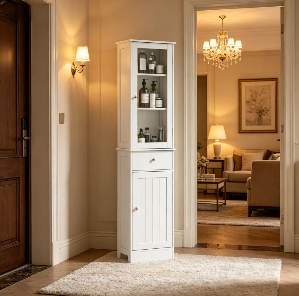 Colonna bagno salvaspazio in MDF bianco con anta acrilica