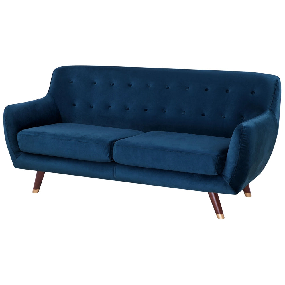 Divano in velluto blu navy a 3 posti con schienale capitonnè imbottito con gambe in legno