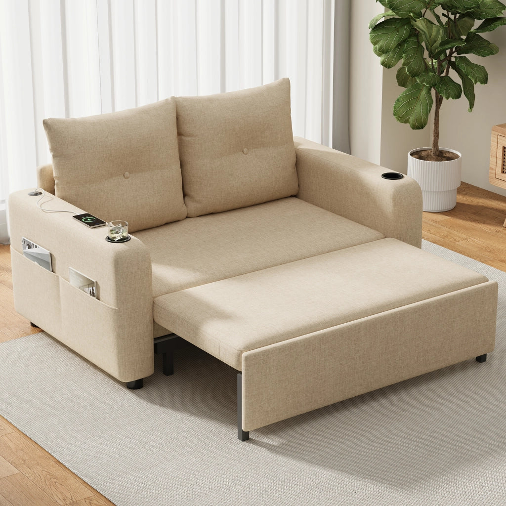 Divano letto 2 posti - con funzione relax e USB - con portabicchieri e tasche - beige