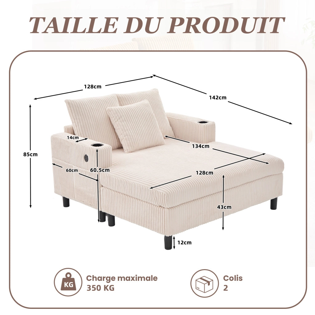 Poltrona Chaise Longue con LED; Porte USB e Portabicchieri; in Velluto a Coste Beige; 142 × 128 × 85 cm