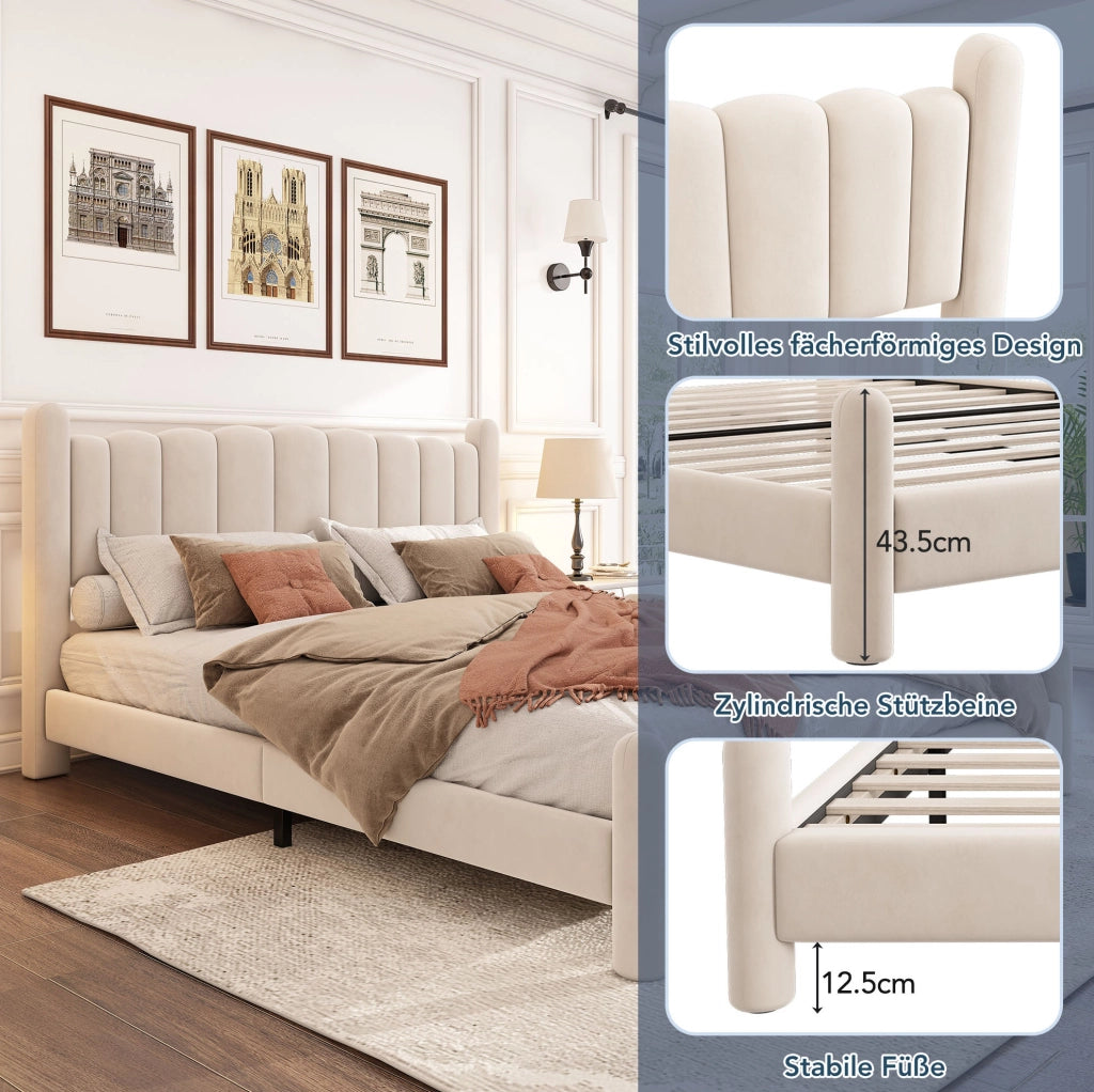 Letto imbottito 180 × 200 cm con testiera ondulata; rete a doghe; velluto beige