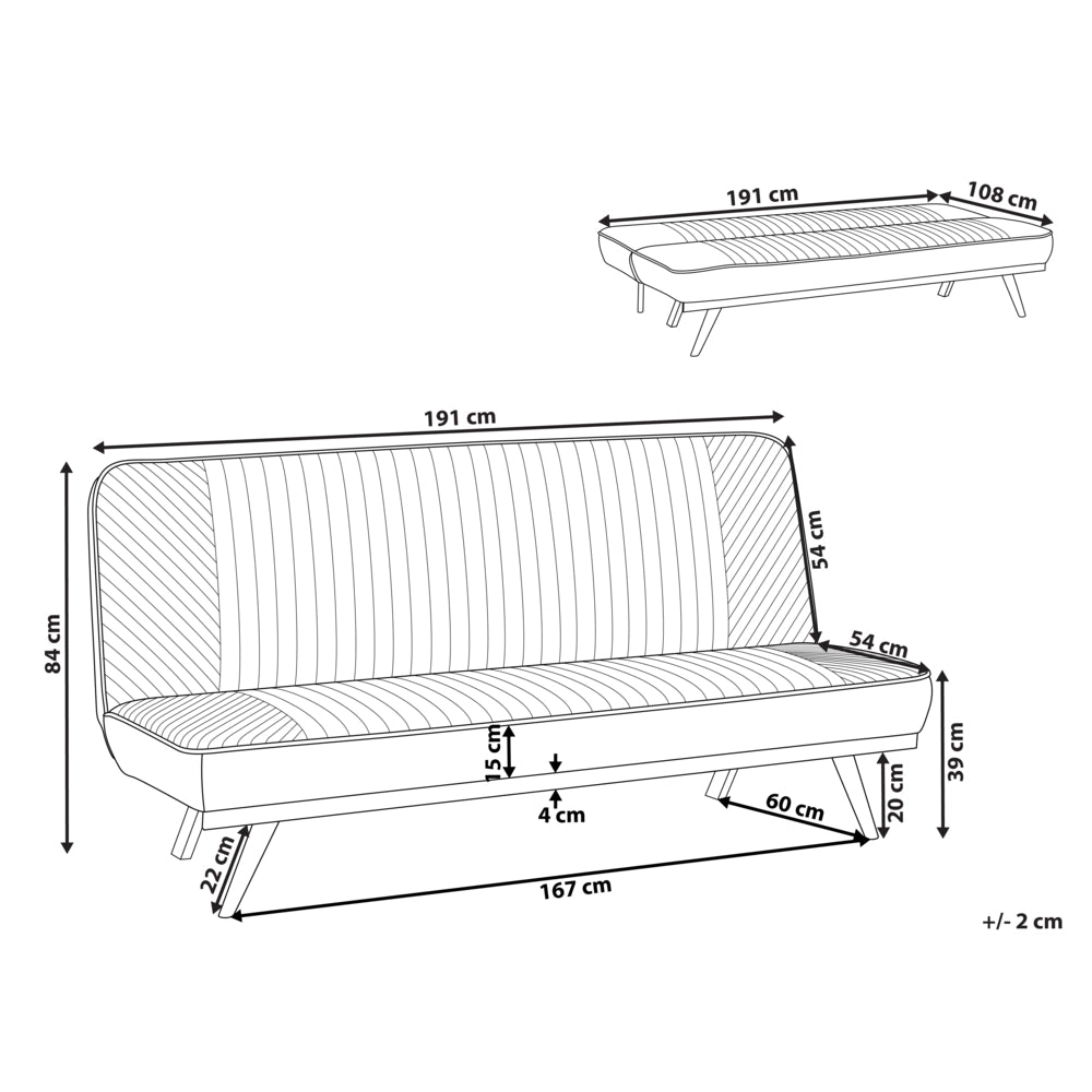Divano letto Nero Rivestimento in tessuto Gambe in metallo 2 posti Seduta con schienale imbottito Design moderno Senza braccioli