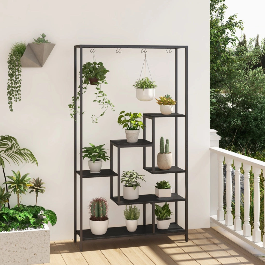 Scaffale per piante 180cm a 6 livelli con 10 ganci e ripiani per piante, Scaffale porta piante in metallo Nero
