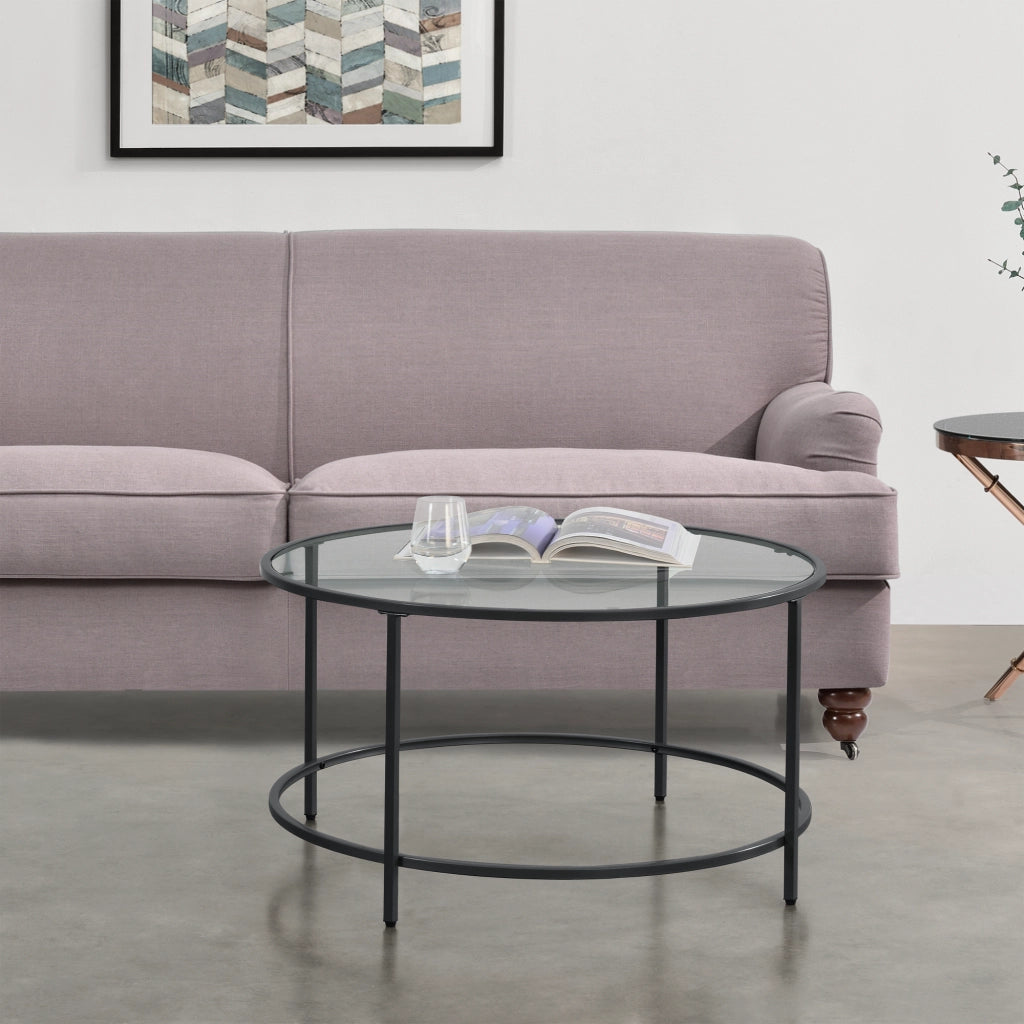 Tavolino Rotondo Kouvola con Piano in Vetro Ø 84 x 46 cm - Nero [en.casa]