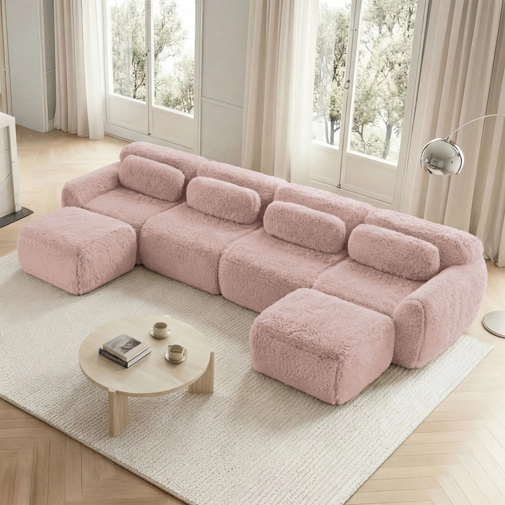 Divano Modulare a U con Cuscini ¨C MINIMAL ¨C Rosa, Tessuto Plush, Morbido