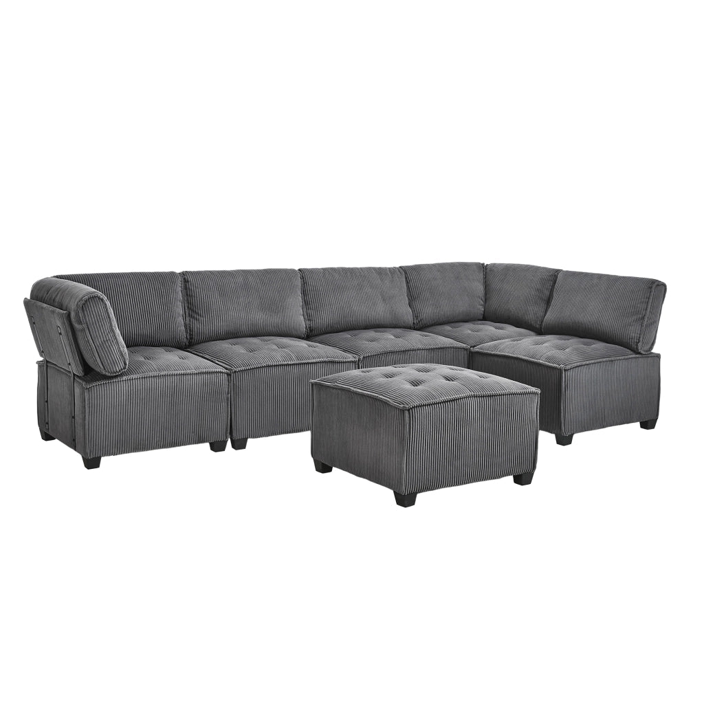 Divano Modulare 6 Posti ¨C MINIMAL ¨C Tessuto a Coste Grigio, Angolare, Estraibile, Cassetti