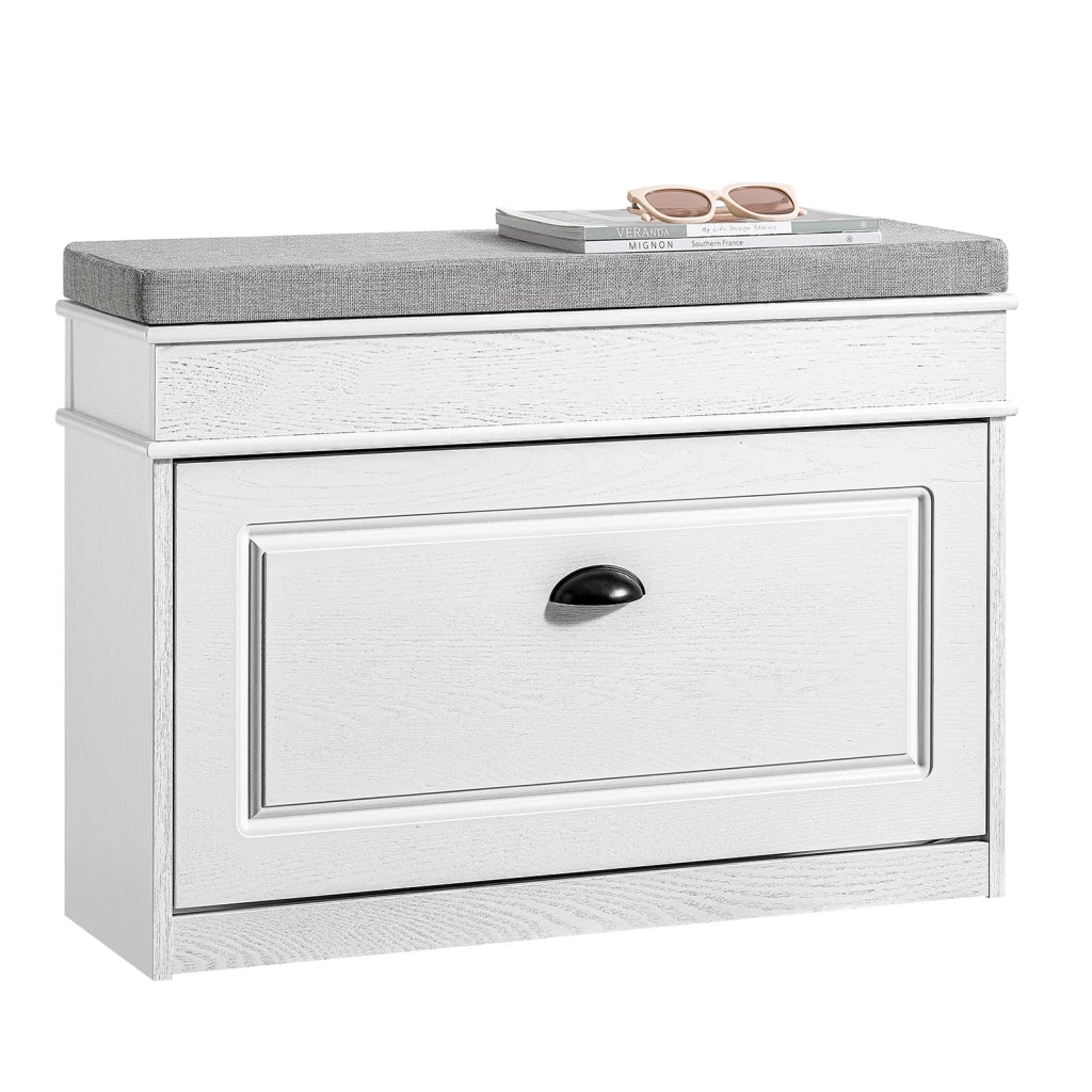 SoBuy FSR82-L-WG Scarpiera Salvaspazio Slim con Seduta Panca Scarpiera da Ingresso Contenitore in Legno Mobile Scarpiera Ingresso per Scarpe, 75x24x51cm Effetto Legno Invecchiato Bianco